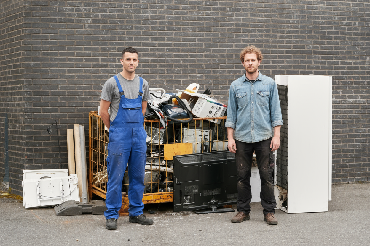 two employees throwing huge trash