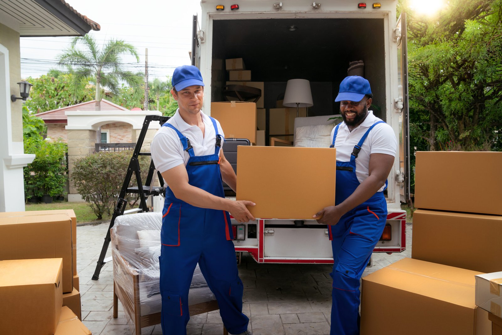 Workers unloading boxes from van outdoors. Moving service and customer need for move to new house