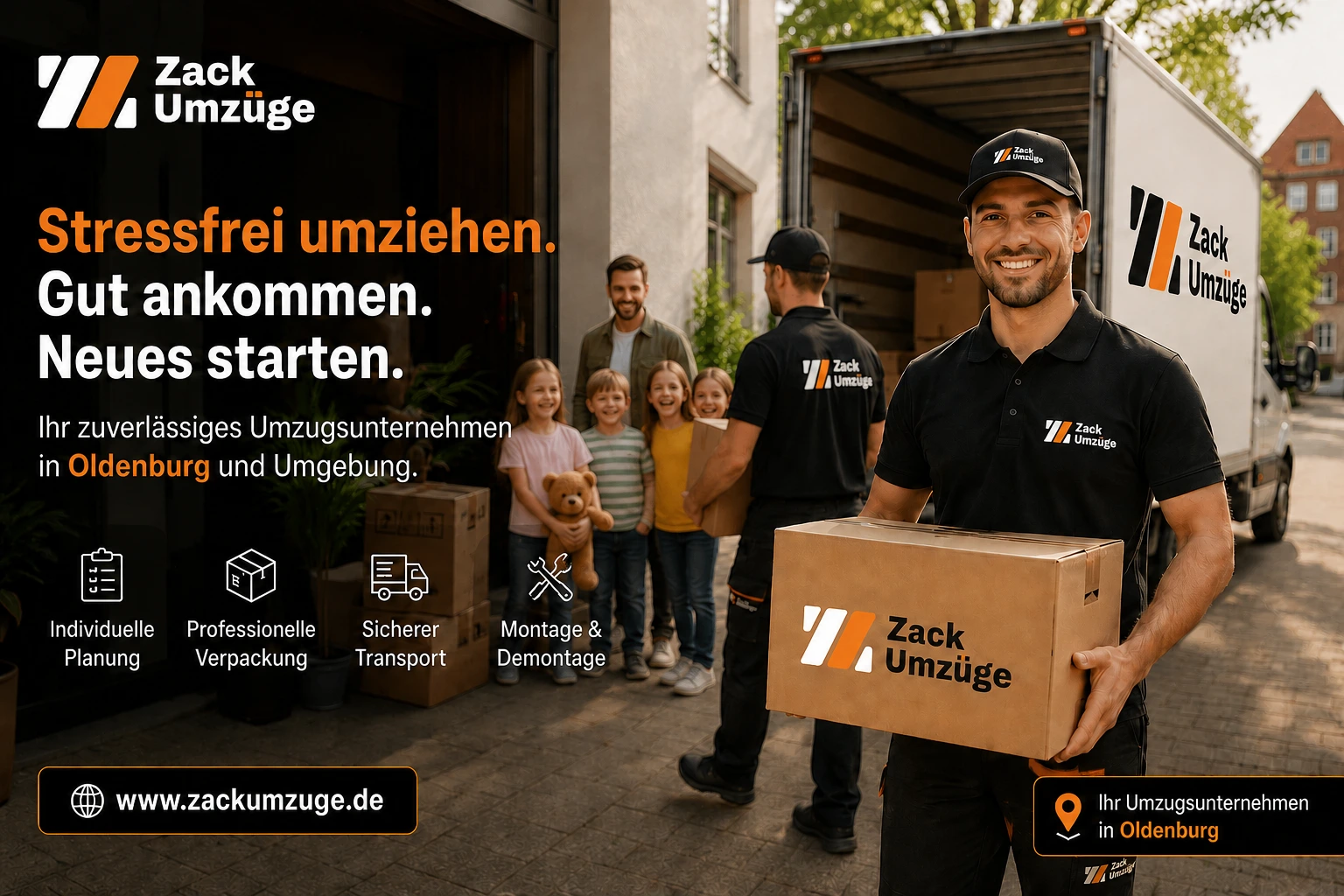 zwei glückliche Mitarbeiter mit einer glücklichen Familie